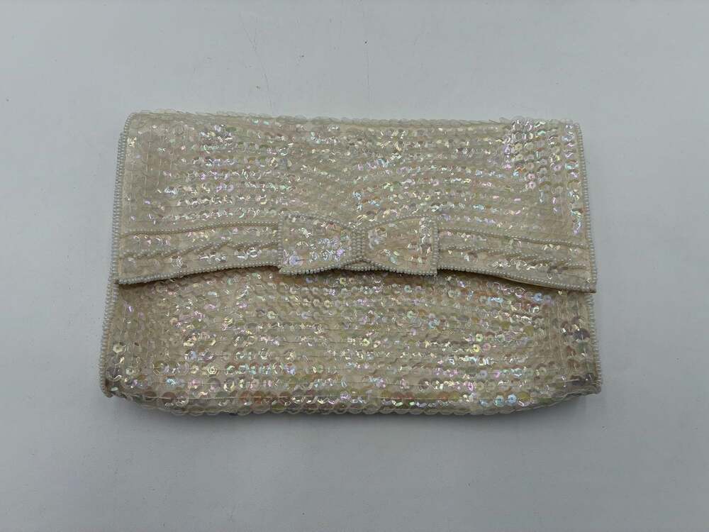 Vintage Cream Iridescent Sequin Beaded Clutch with Bow Detail